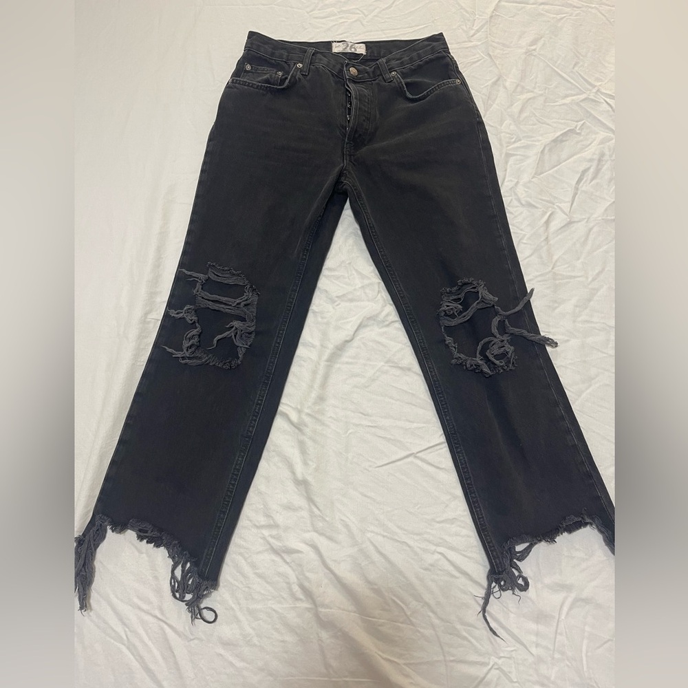 We The Free Black Distressed Straight Leg Jeans Free People
